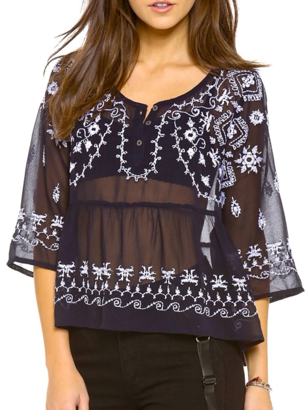 πΊπHPππΊ NWT Free People Pennies Sequel Embroidered Blouse - Picture 3 of 16